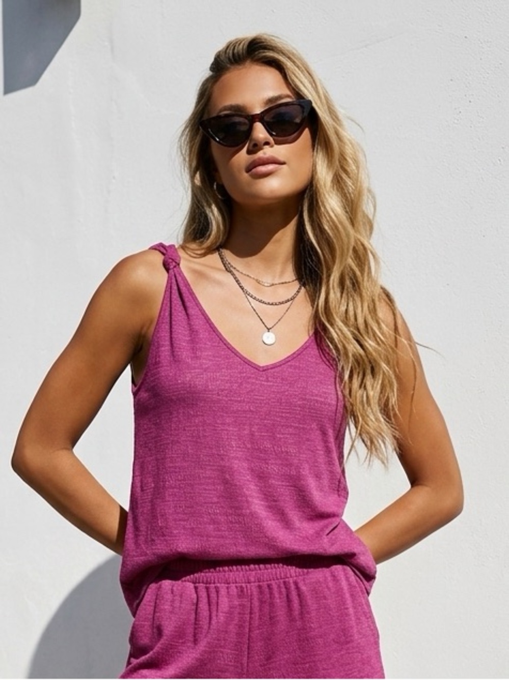 Jane & Delancey Women Medium Magenta Rayon Stretch Knotted Shoulder Top